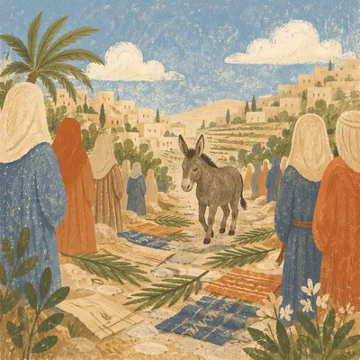 Palm Sunday Donkey on Cloak Lined Path