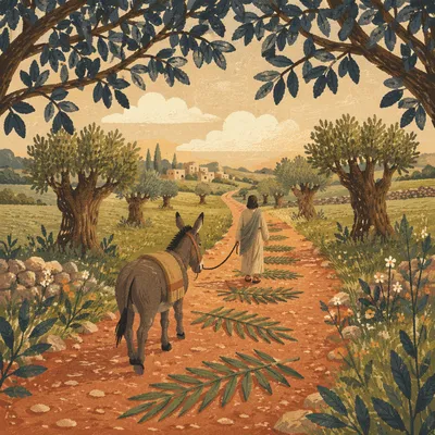 Palm Sunday Donkey on Cloak Lined Path