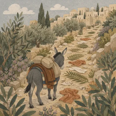 Palm Sunday Donkey on Humble Stone Path