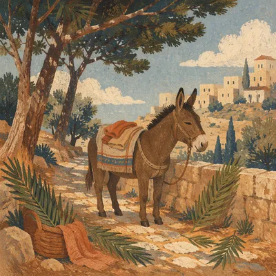 Palm Sunday Donkey on Cloak-Lined Path