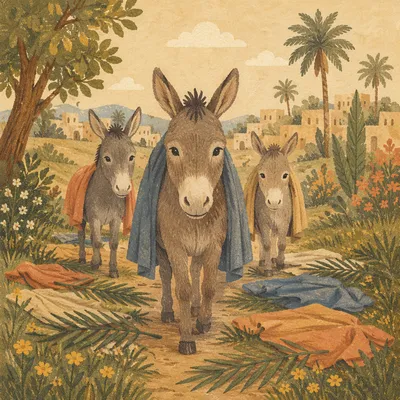 Palm Sunday Donkeys on Cloak-Lined Path