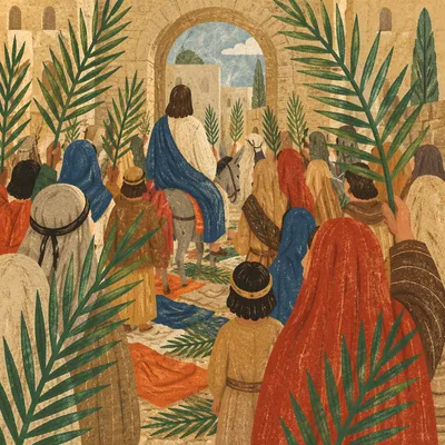 Palm Sunday Procession on Sunlit Path