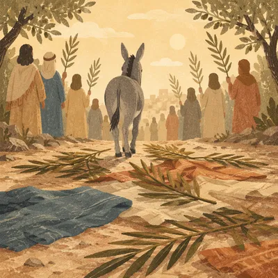 Palm Sunday Donkey on Cloak Covered Path