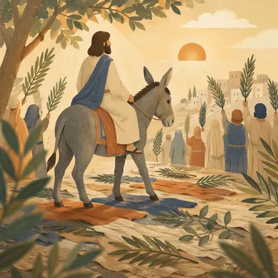 Palm Sunday Donkey on Cloak-Lined Path