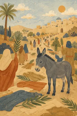 Palm Sunday Donkey on Cloak Covered Path