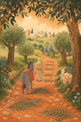 Palm Sunday Donkey on Cloak-Lined Path