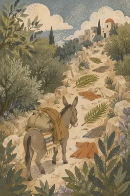 Palm Sunday Donkey on Cloak-Lined Path