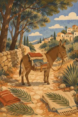 Palm Sunday Donkey on Cloak Lined Path