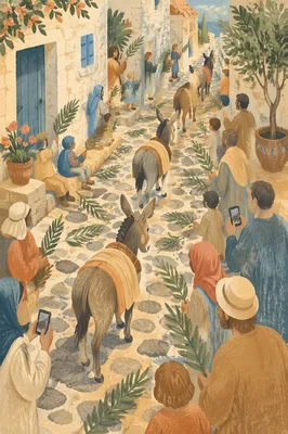 Palm Sunday Donkeys on Village Cobblestone Path