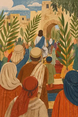 Palm Sunday Procession on Sunlit Stone Path
