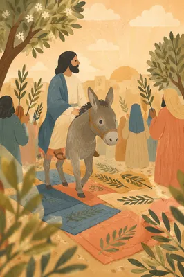 Palm Sunday Donkey on Cloak-Lined Path