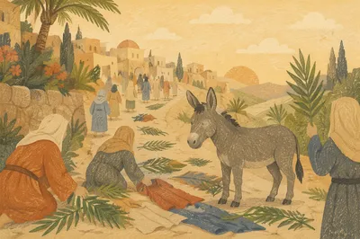 Palm Sunday Donkey on Cloak Lined Path