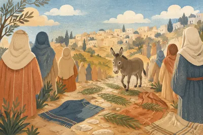 Palm Sunday Donkey on Cloaked Hillside Path