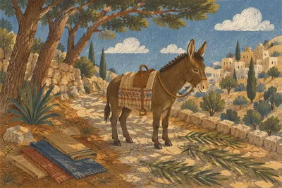 Palm Sunday Donkey on Cloak-Lined Path