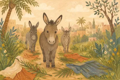 Palm Sunday Donkeys on Grassy Path