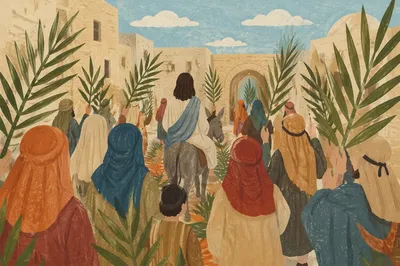 Palm Sunday Procession on Sunlit Stone Path