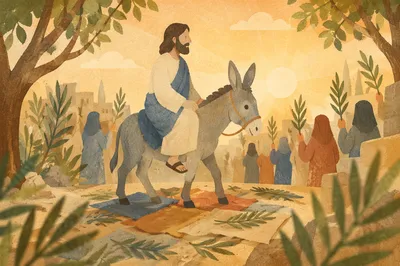 Palm Sunday Donkey on Cloak-Lined Path