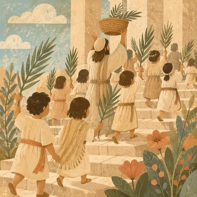 Children Waving Palms on Stone Steps