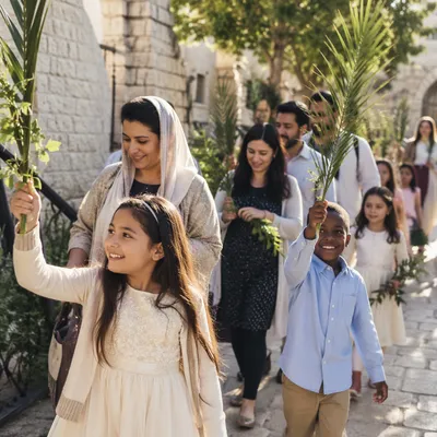 Children Waving Palm Branches in Courtyard