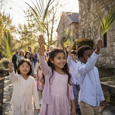 Children Waving Palm Branches in Procession
