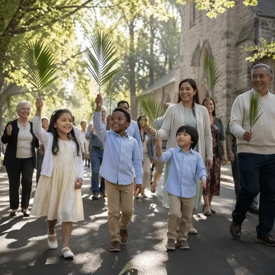 Children Waving Palm Branches Near Church