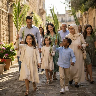 Children Waving Palm Branches on Cobblestone Street