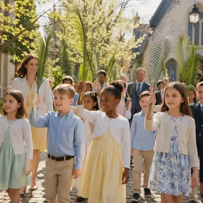 Children Waving Palm Branches Near Church