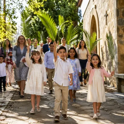 Children Waving Palm Branches by Church