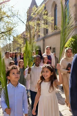 Children Waving Palm Branches in Courtyard