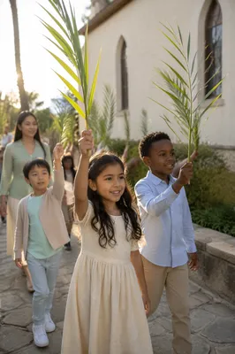 Children Waving Palm Branches in Procession