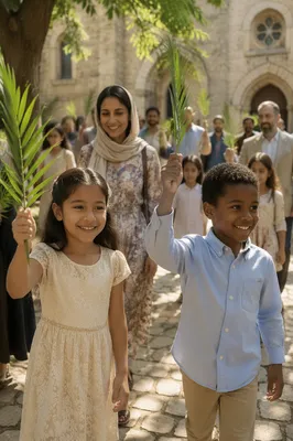 Children Waving Palm Branches in Courtyard