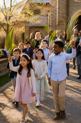 Children Waving Palm Branches Near Church