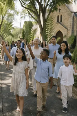 Children Waving Palm Branches Near Church