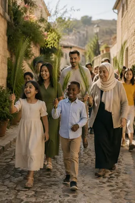 Children Waving Palm Branches on Cobblestone Lane