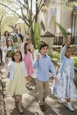 Children Waving Palm Branches Near Church