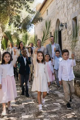 Children Waving Palm Branches by Church