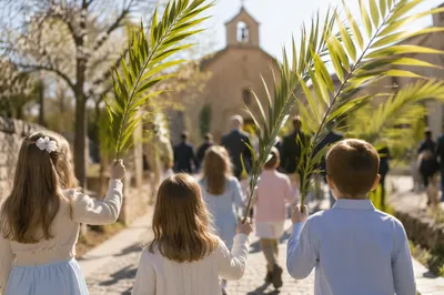 Children Waving Palms on Sunny Palm Sunday