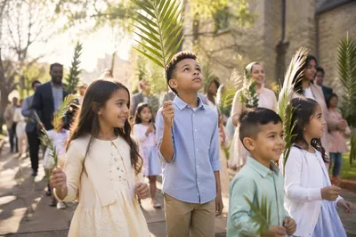 Children Waving Palm Branches in Courtyard