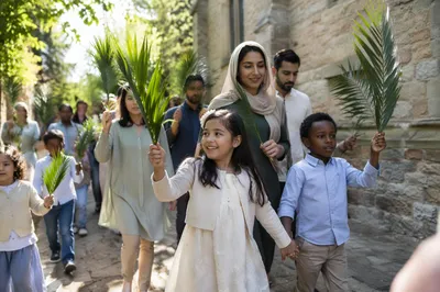 Children Waving Palm Branches in Courtyard