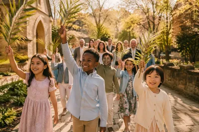 Children Waving Palm Branches by Church