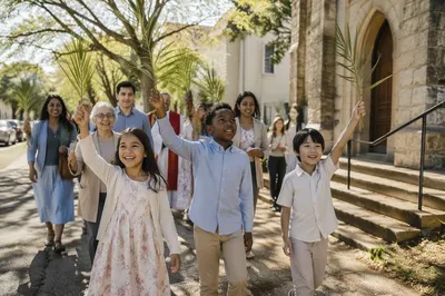 Children Waving Palm Branches by Church