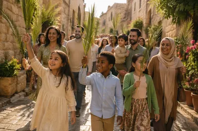 Children Waving Palm Branches on Cobblestone Lane