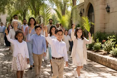 Children Waving Palm Branches by Church