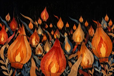 Glowing Pentecost Flame Lanterns in Darkness