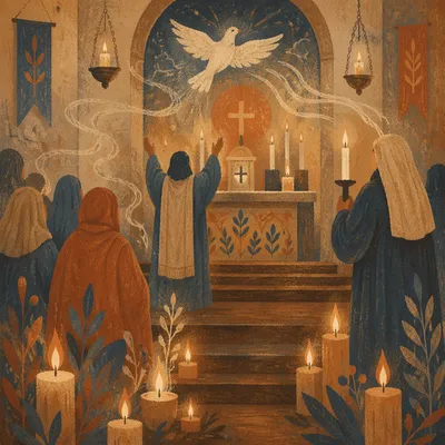 Pentecost Flames in Candlelit Sanctuary