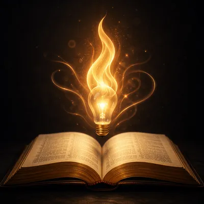 Open Book with Glowing Flame Light