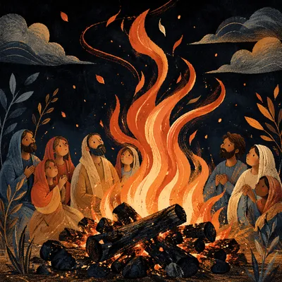 Wind Swept Pentecost Flames Over Charred Logs