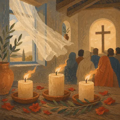 Pentecost Candle Flames in Wooden Chapel