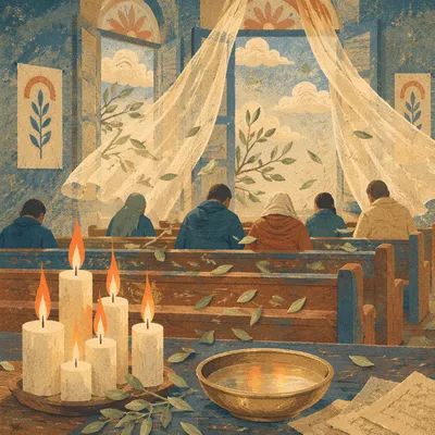 Pentecost Flames in a Rustic Chapel