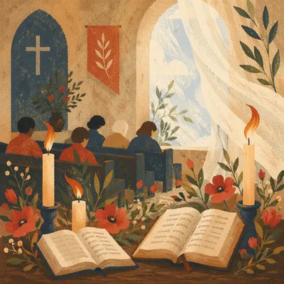 Pentecost Flames in Breezy Wooden Chapel